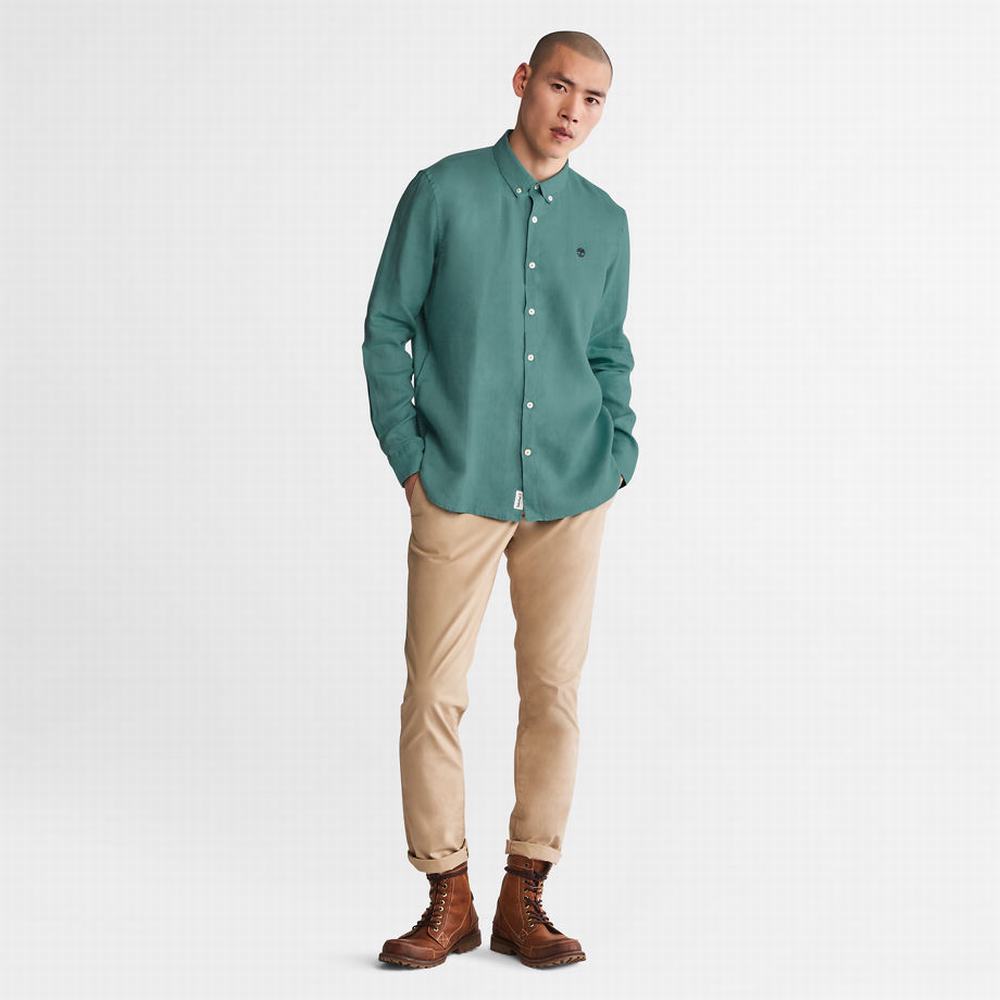 Pánské Košile Timberland Mill River Slim-Fit Linen Tyrkysové | TI13874-027