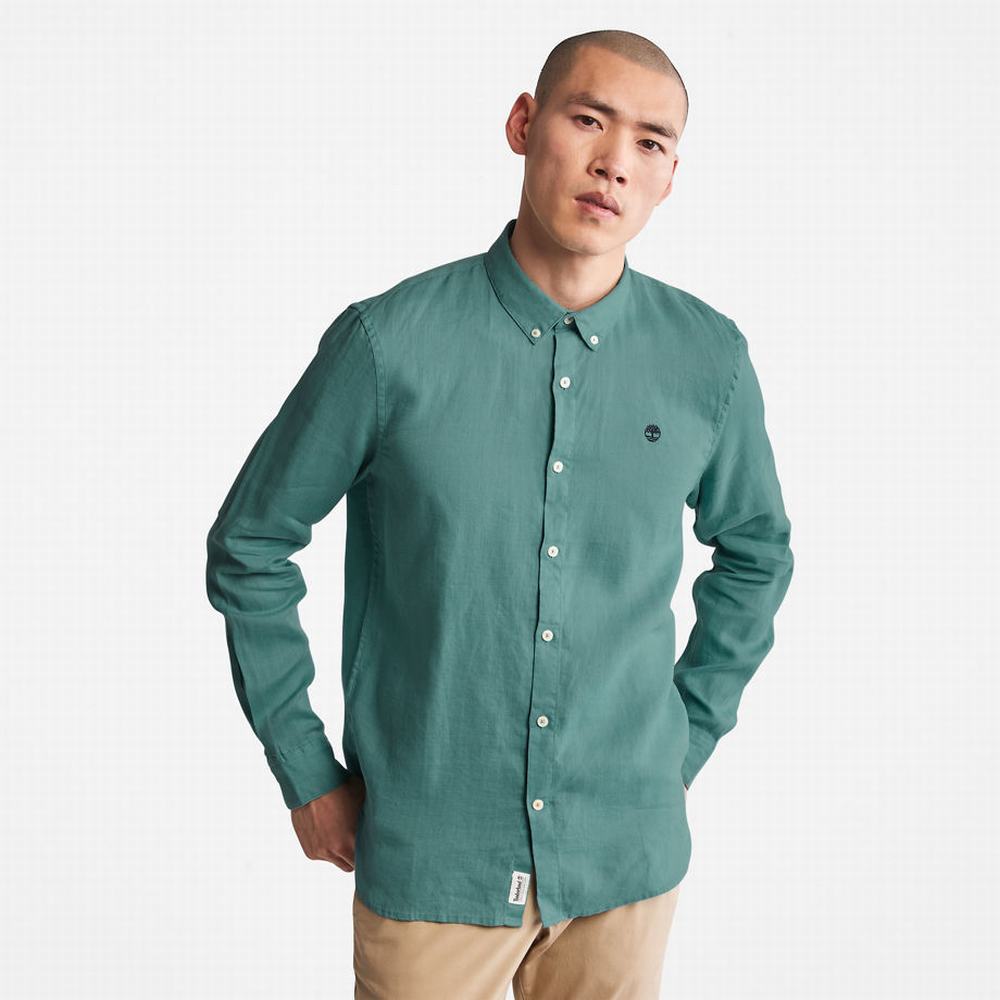 Pánské Košile Timberland Mill River Slim-Fit Linen Tyrkysové | TI13874-027