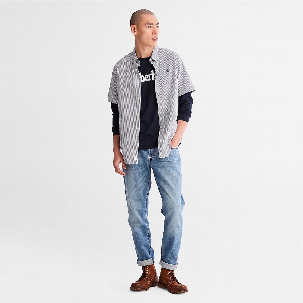 Pánské Košile Timberland SS Seersucker Tmavě Blankyt | TI08391-064