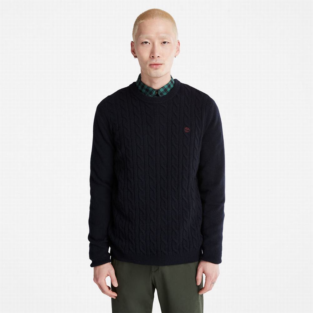 Pánské Svetry Timberland Phillips Brook Vlna-Blend Cable Crewneck Tmavě Blankyt | TI75042-815