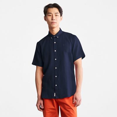 Pánské Košile Timberland Mill River Krátké-Sleeve Linen Tmavě Blankyt | TI27480-564